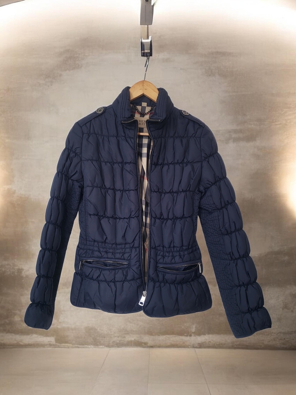 Burberry Navy Quilted Puffer Jacket with Check Lining